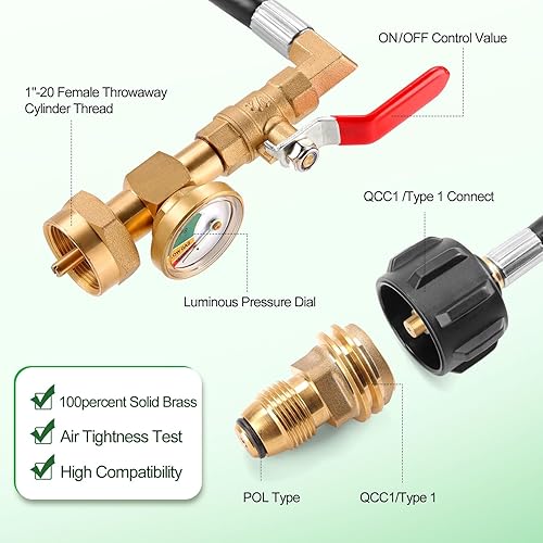 Miniatura 3 de Propane Refill Adapter Hose 3 FT, Propane Refill Adapter for 1 lb. Tanks (QCC1/Type1 Inlet) with POL to QCC1 Propane Tank Adapter, Pressure Gauge,