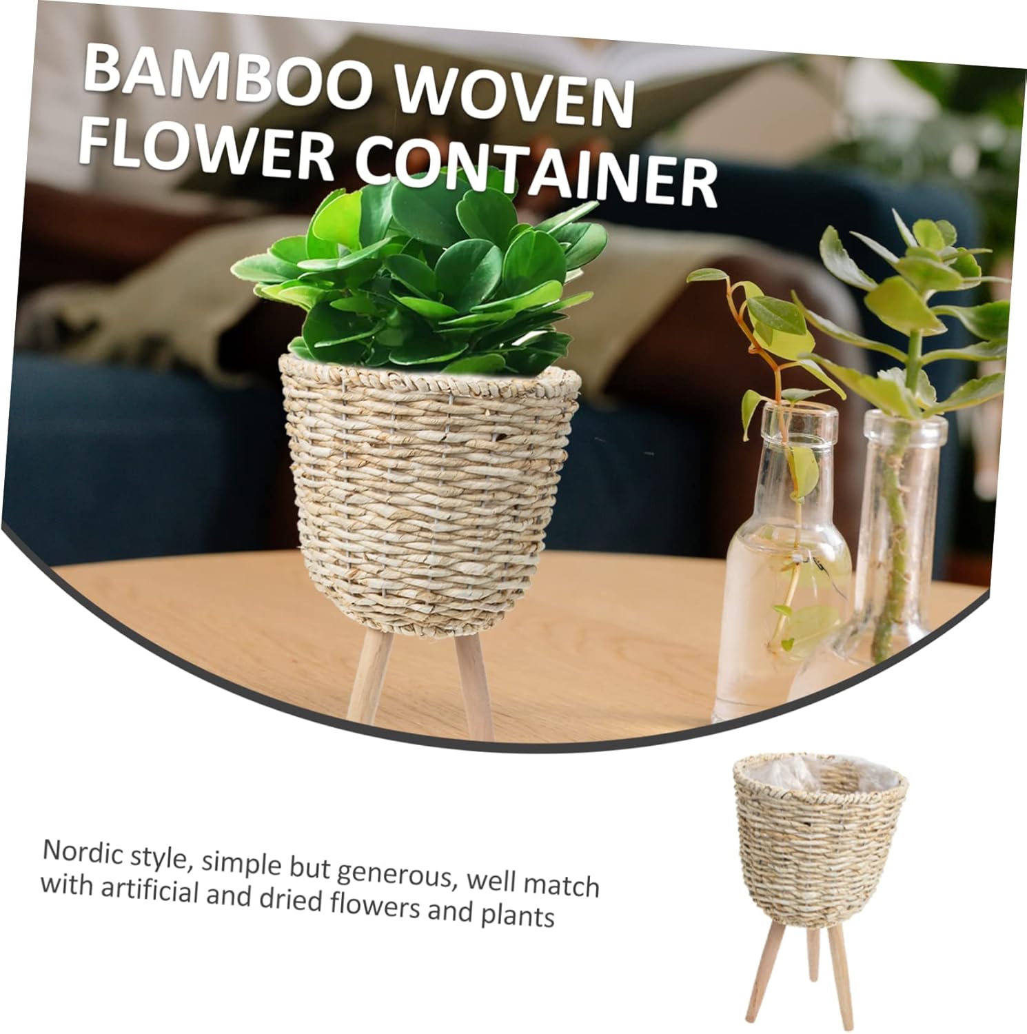 Nordic Bamboo Woven Flower Basket for Indoor Plants Decorative Rattan Planter Removable Legs for Home Decor and Balcony Displays