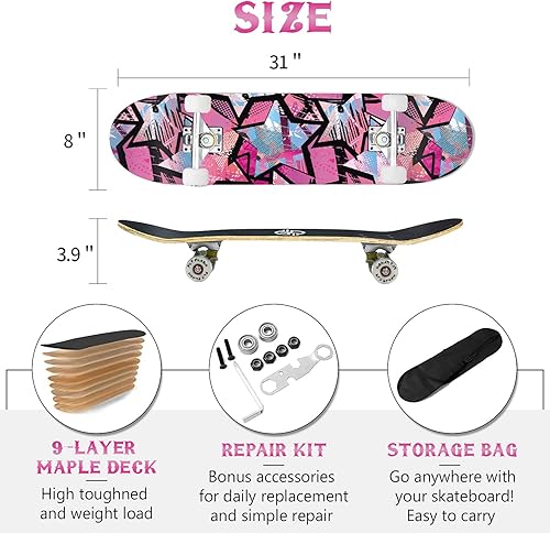 Miniatura 2 de Patineta, 31 x 8 pulgadas, patinetas estándar completas para niñas y niños principiantes, 9 capas de arce doble patada para niños, jóvenes y