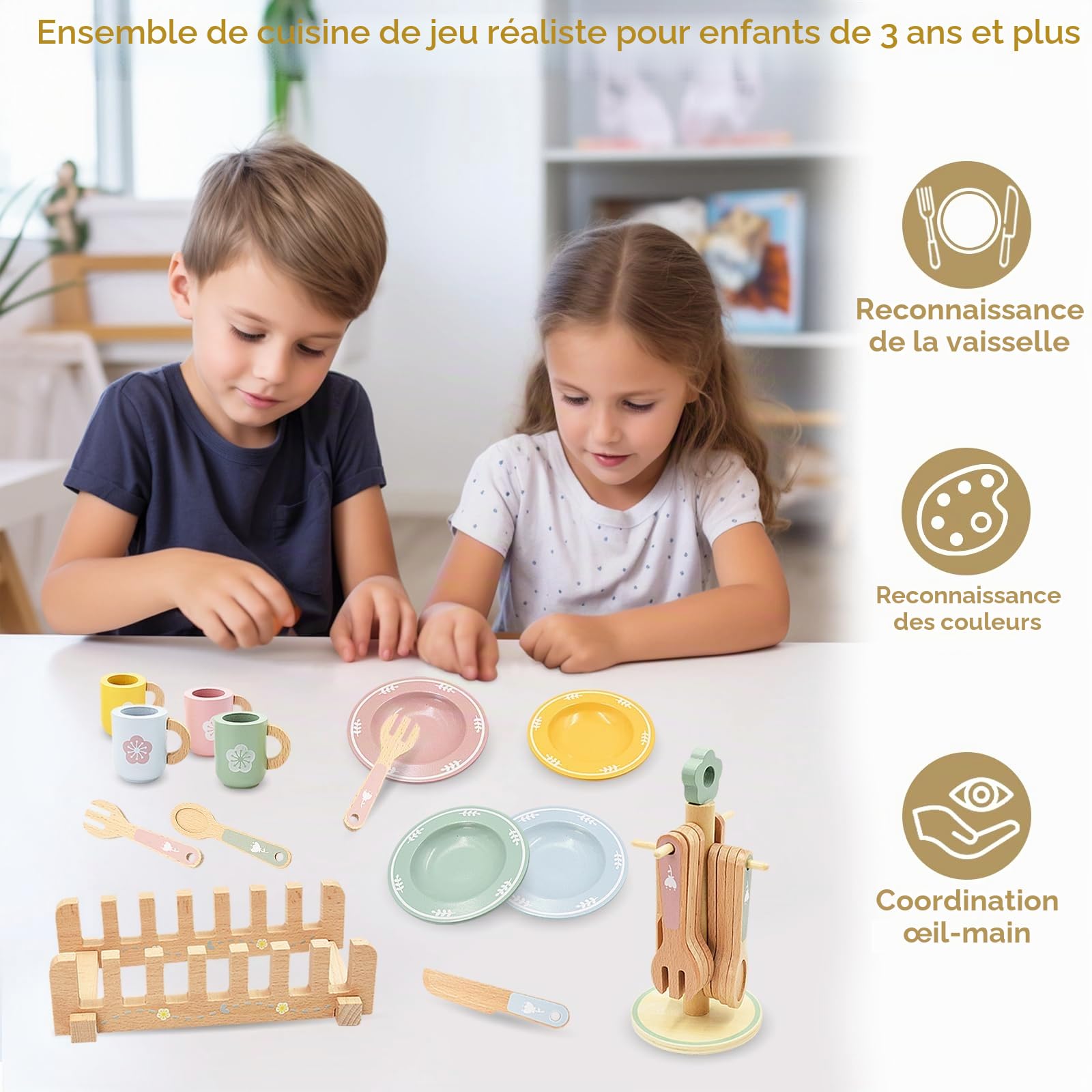 Dinette en Bois Enfant, Lot de 22 Jouets de Cuisine en Bois pour 4 Personnes, Jeu de Vaisselle de Cuisine, Accessoires Cuisines pour Enfant, Jouet de Jeu de Rôle pour Filles Garçons 3+ Ans