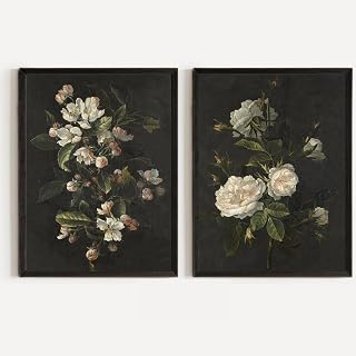 Botanical Framed Canvas Wall Art Print Set of 2, Dark Moody Home Decor, Vintage Floral Aesthetic for Bedroom, Living Room, Office, Summer Wall Art, 12in by 16in