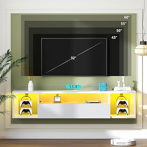 Miniatura 4 de SogesHome Soporte de TV flotante de 55 pulgadas con luces LED, centro de entretenimiento montado en la pared con 3 estantes de almacenamiento,