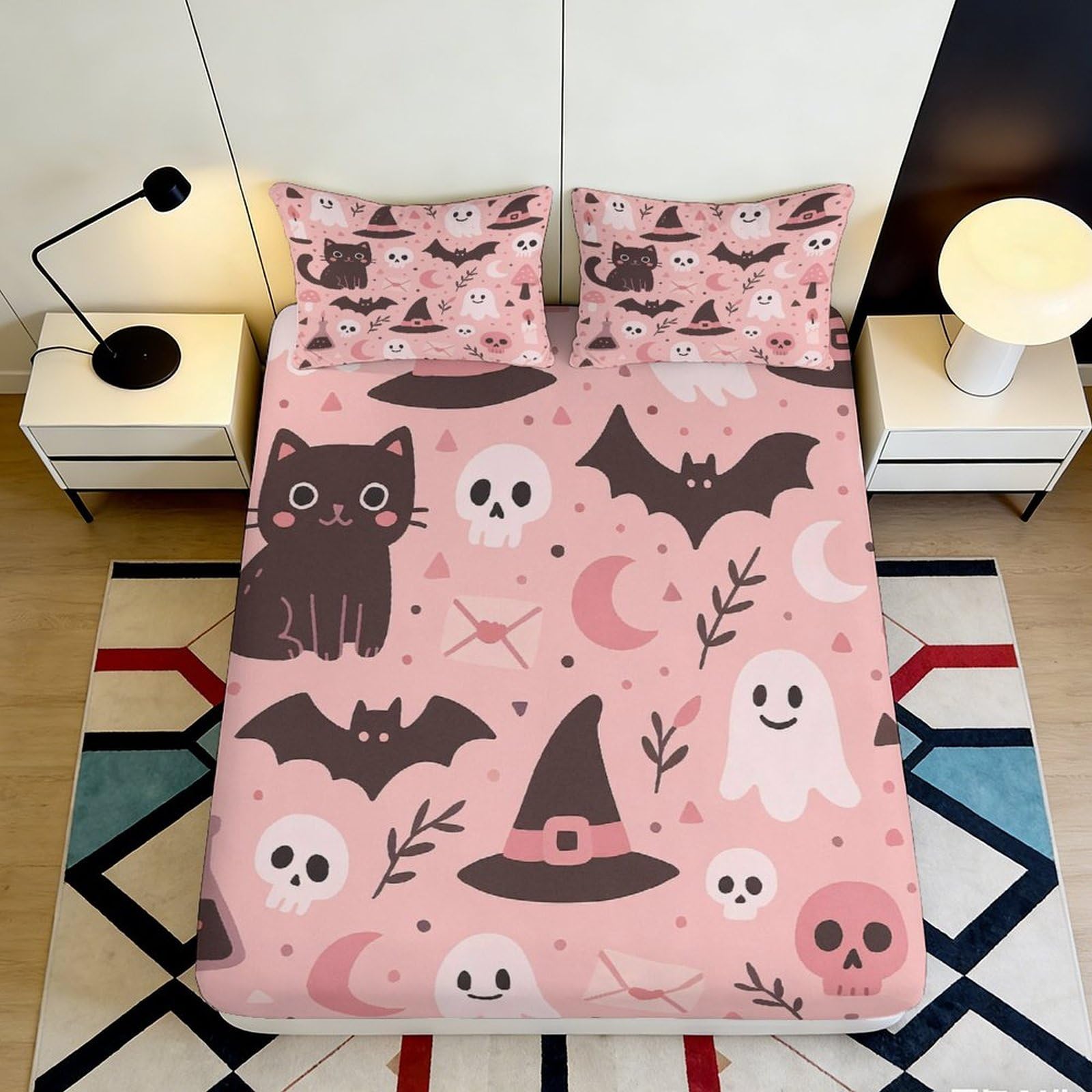 Jqzkxnhpbr Style-5 3D Printed Pink Halloween Cat Fitted Sheet Microfiber Soft Ghost Bat Bed Cover For Bedroom Dorm Decor Mattress Protection 90X200x25cm
