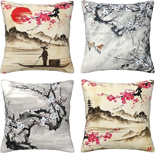 Juego de 4 fundas de almohada vintage japonesas de flor de ciruelo de 12 x 12 pulgadas, retro, tradicional, acuarela, primavera, cerezo, flores,