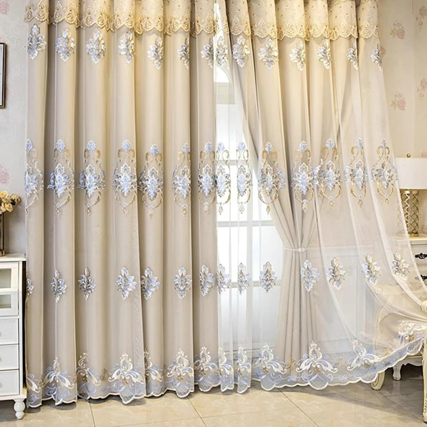 Blackout Curtain 2 Panels Set 45 inch Long, Window Treatments Blackout Curtains Hook European Style Double Layer Embroidered Flowers Drapes Window Curtains Beige Yellow, 52 x 45 Inch
