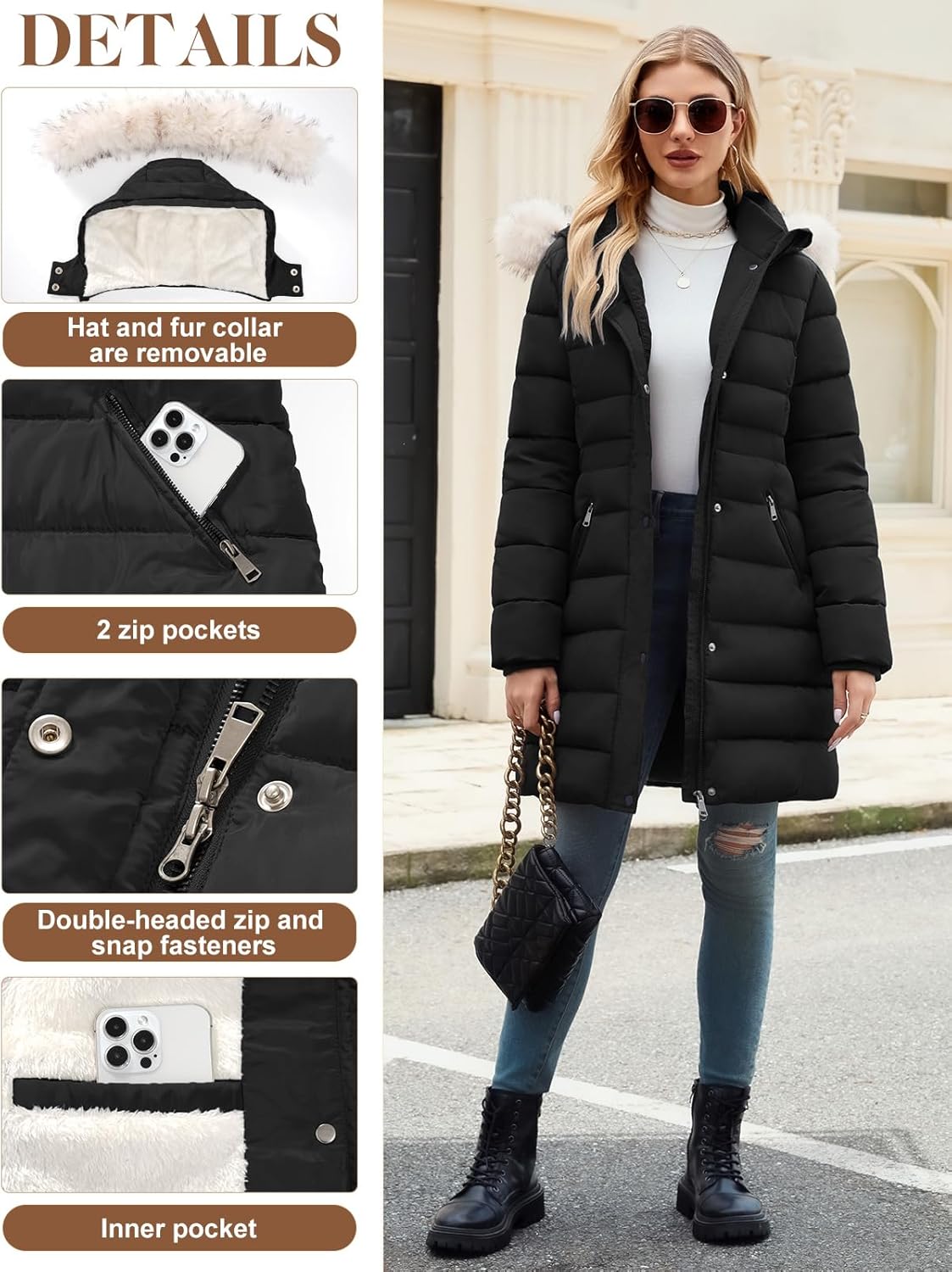 Women's Winter Thicken Fleece Lined Puffer Coat Mid-Length Down Jacket with Removable Faux Fur Hood, Warm Snow Parka - Image 5