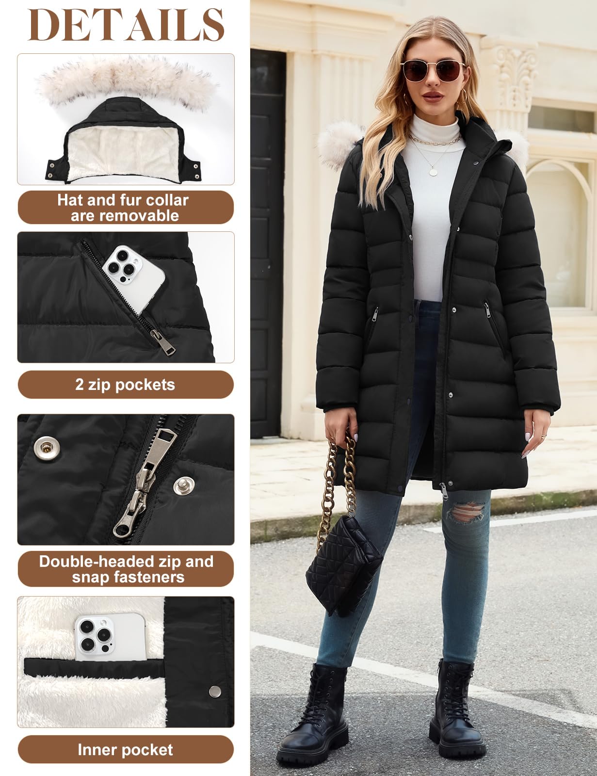 Women's Winter Thicken Fleece Lined Puffer Coat Mid-Length Down Jacket with Removable Faux Fur Hood, Warm Snow Parka