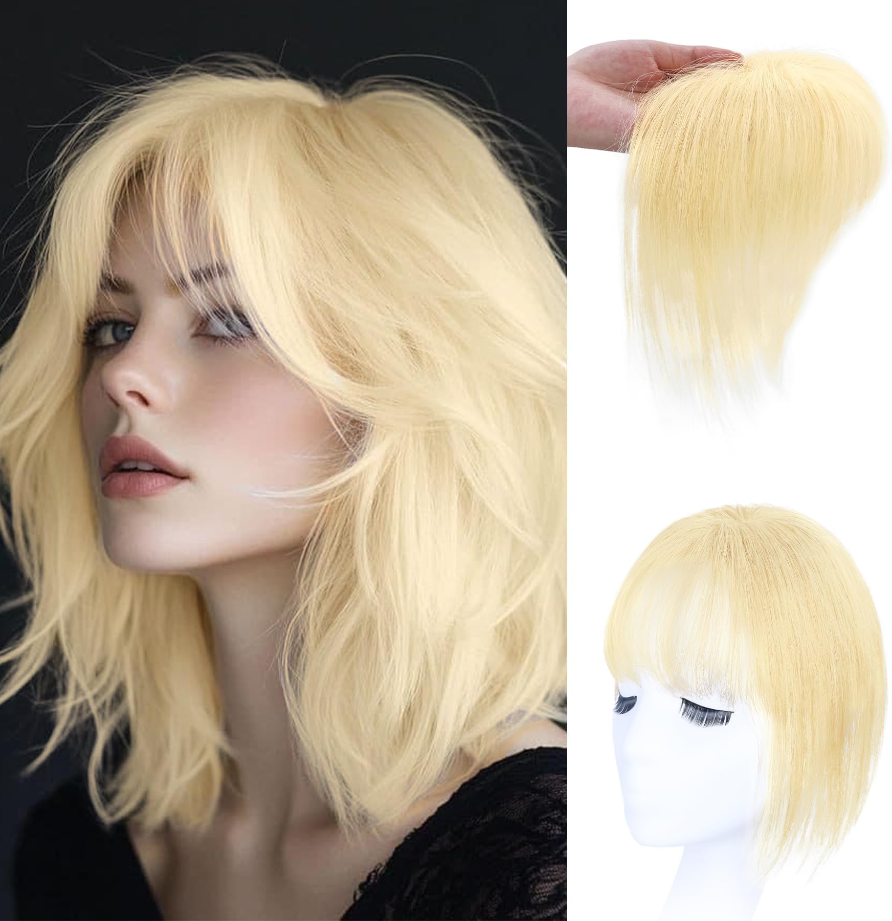 WECAN Hair Toppers for Women Real Human Hair 3D Bangs Clip 100% Human Toppers for Women 10 Inch Clip in Bangs Hairpieces (613 Light Blonde)