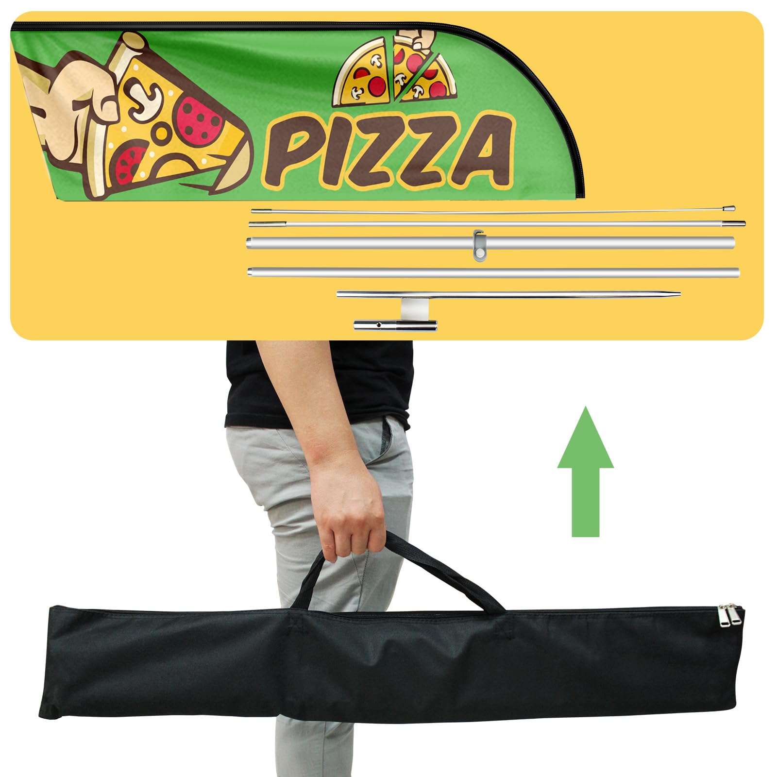 Bandiera pubblicitaria con pizza, 3,9 m, con kit di aste, picchetto, cartello con piume per aziende e vetrine (stile 1)