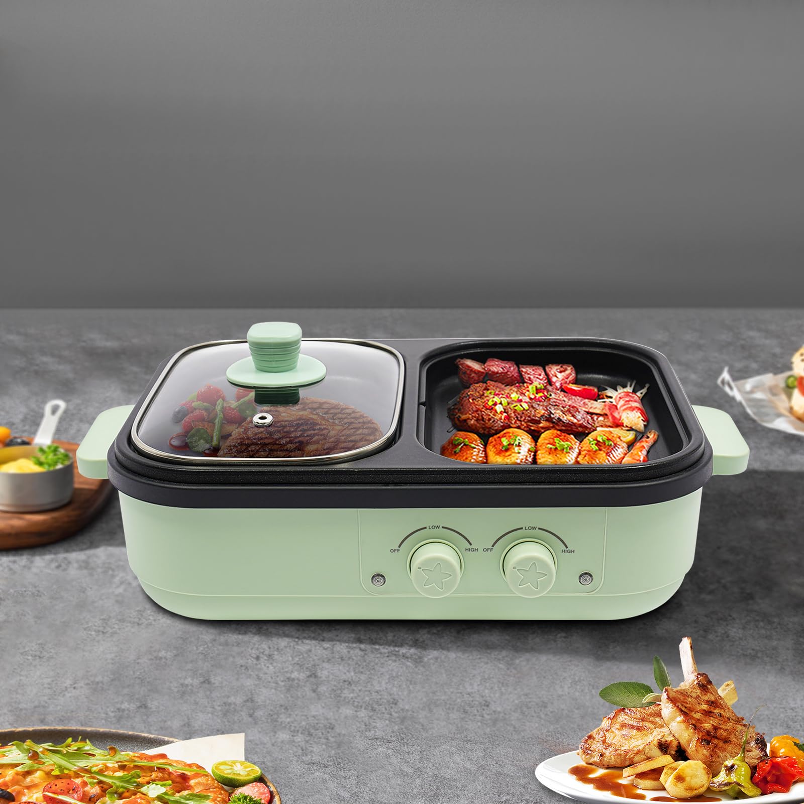 2 in 1 Elektrisch Bratpfanne | 1300W Antihaftbeschichtet Hot Pot und Grillbereich | Mehrzweck Kochtopf Bratpfanne (0.2L) und ein Kochtopf (1L) | Elektrogrill Grillpfanne für 1-3 Personen