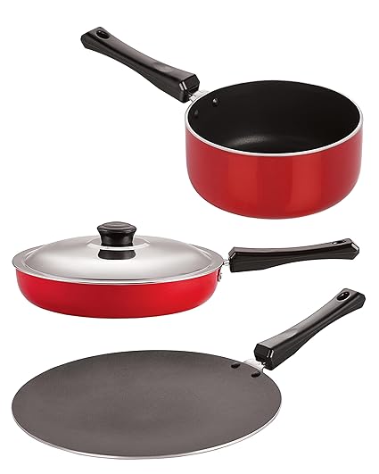 NIRLON Cookware Combo Set of Pots & Pan (Concave Tawa 28.5 cm, Fry Pan with Steel Lid 2 LTR, Sauce Pan - Medium 1.5 LTR)