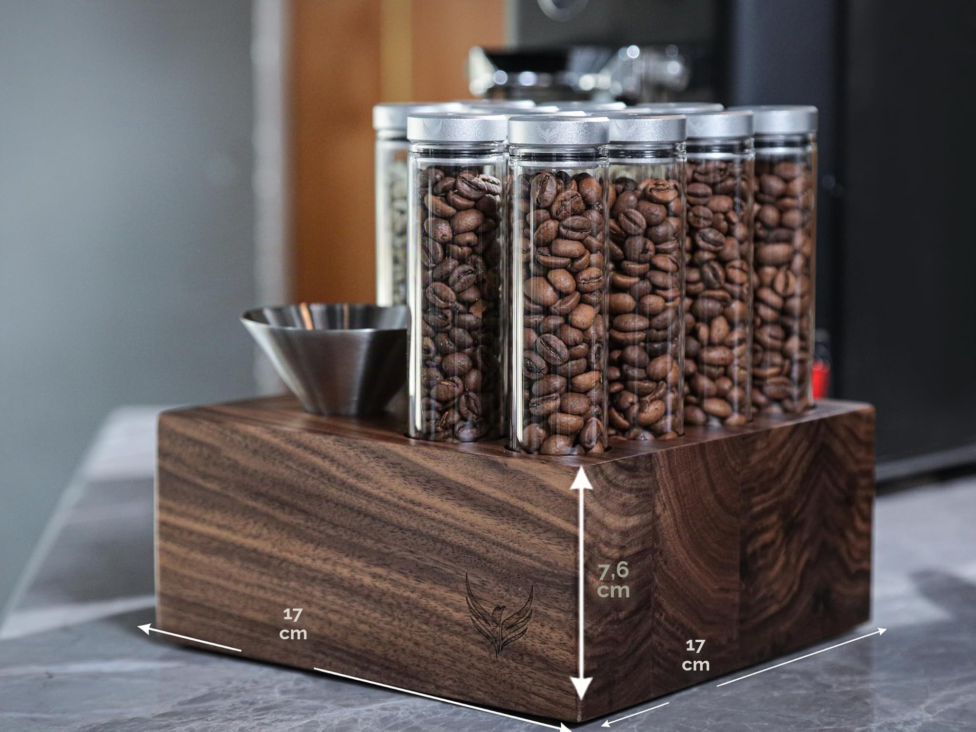 Kaffee Röhrchen Set – 12 Glasröhrchen mit Einweg-Entlüftungsventil, Walnussständer & Edelstahl-Trichter, Luftdicht für Single Dose Coffee Bean Storage Tubes & Frischebewahrung