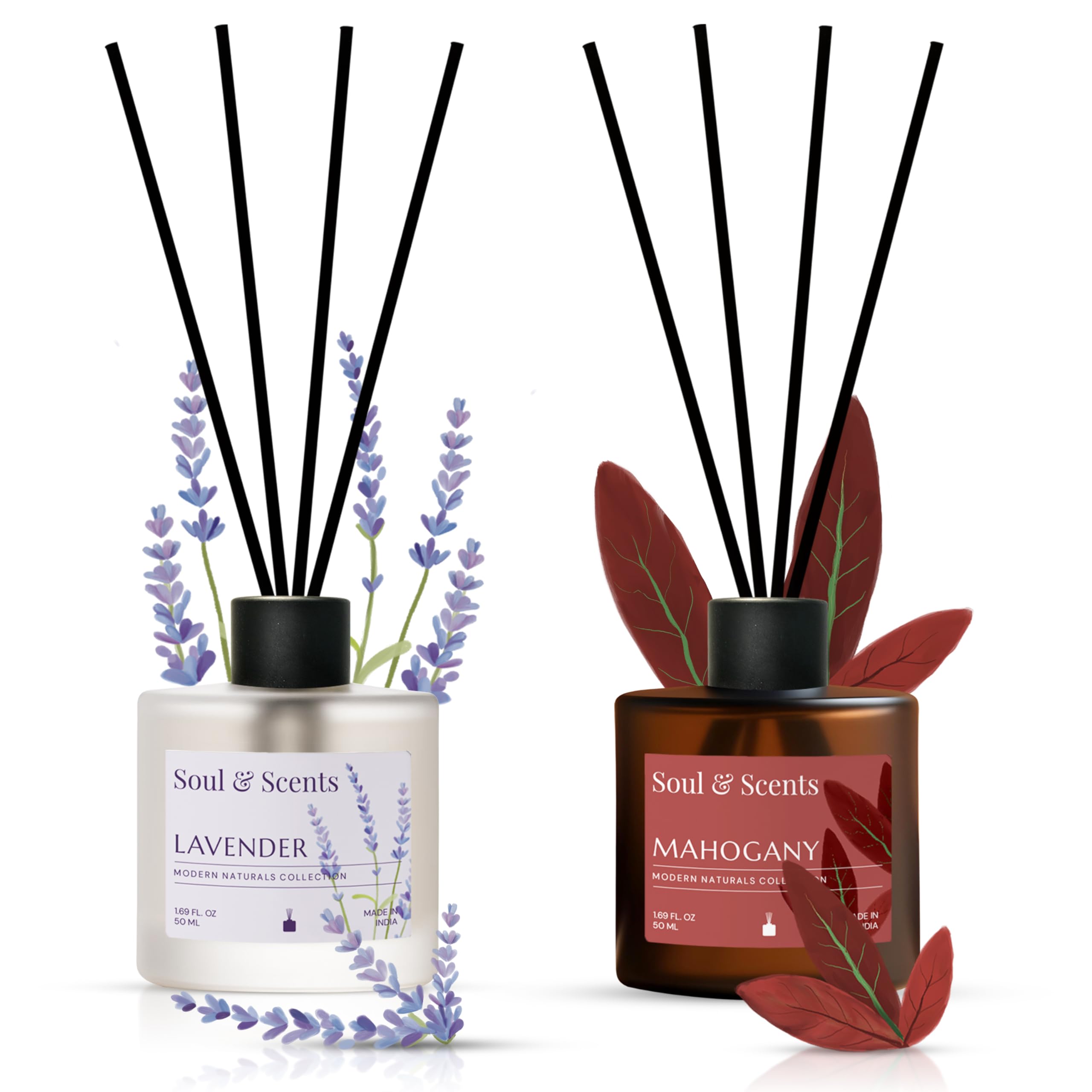 Soul & Scents Mahogany and Lavender Reed Diffuser Set - 50ml with Free 10 Rattan Reed Sticks | Toxin Free & Stress Relief| Long Lasting | Room Freshener for Home, Bedroom & Office| Combo Pack of 2