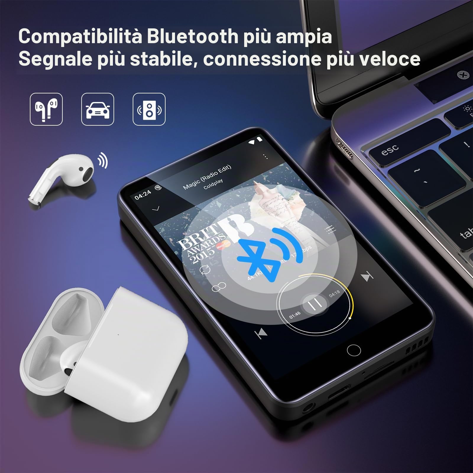 Lettore MP3 con Bluetooth e WiFi, memoria ZAQE da 80 GB e sistema operativo Android, touchscreen da 4", musica Spotify, altoparlante integrato, radio FM, lettore MP4 per bambini