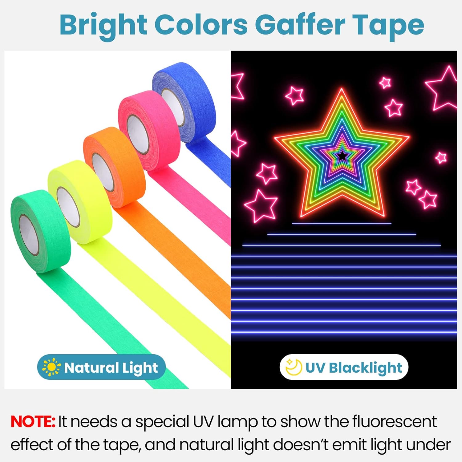 Fainne 10 Rolls Gaffers Tape 1 Inch x 20 Yards Spike UV Blacklight Reactive Fluorescent Heavy Duty Multipurpose Neon for Party Supplies Floor Markings