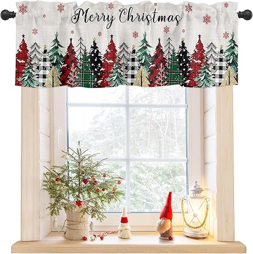 Cenefa de cortina, diseño de árbol de Navidad a cuadros, copo de nieve rojo, para invierno, vintage, con bolsillo para barra, cortinas de decoración