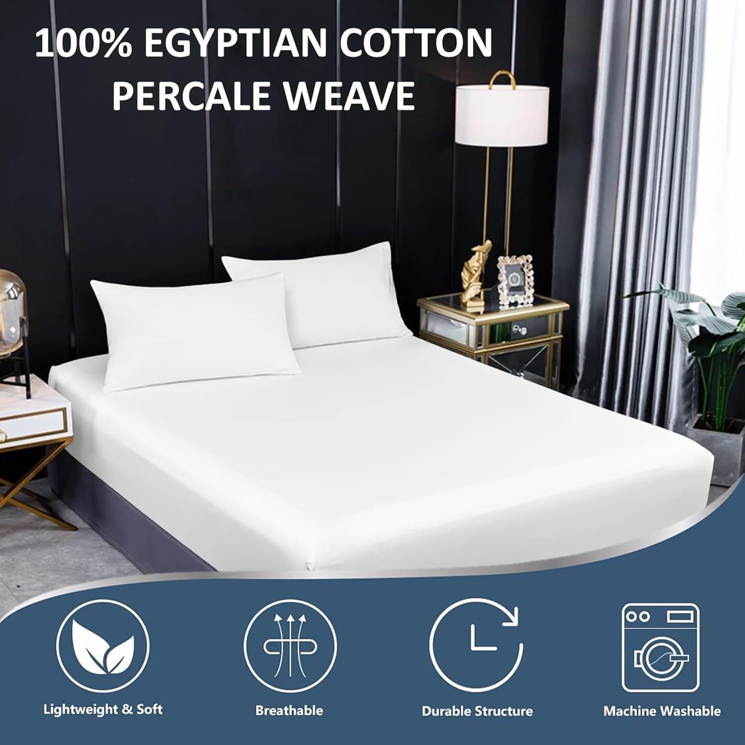 Bottom Fitted Sheet Only, 300-Thread-Count Egyptian Cotton Percale Weave Single Extra Deep Pockets Alaskan King Fitted Sheet, Fits Upto 24-Inches Mattress - Percale White