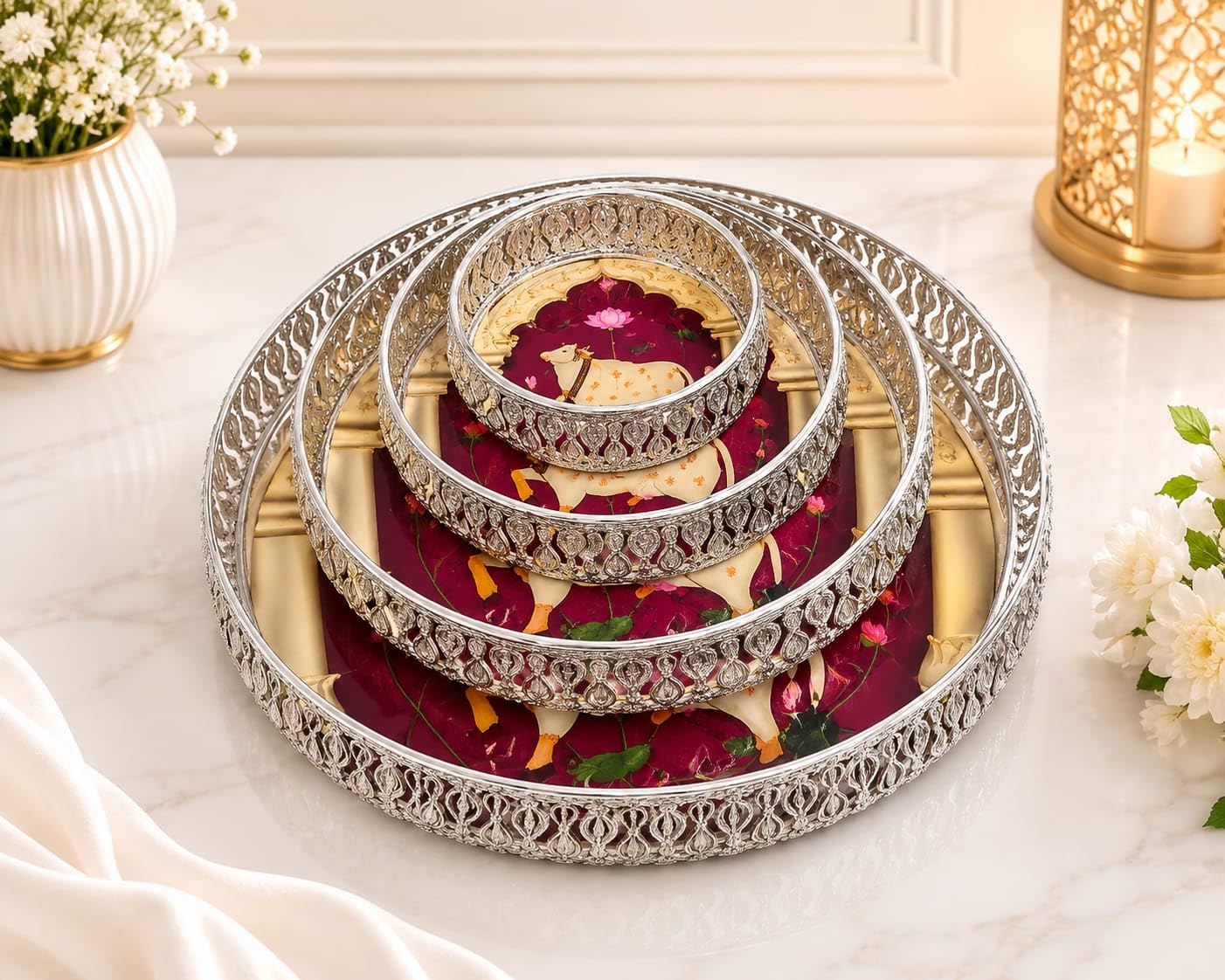 German Silver Tray Set of 4 Trays 10 inch, 8 inch, 6 inch, 4 inch Engraving Cow Design Pink Colour Serving Trays-image-11