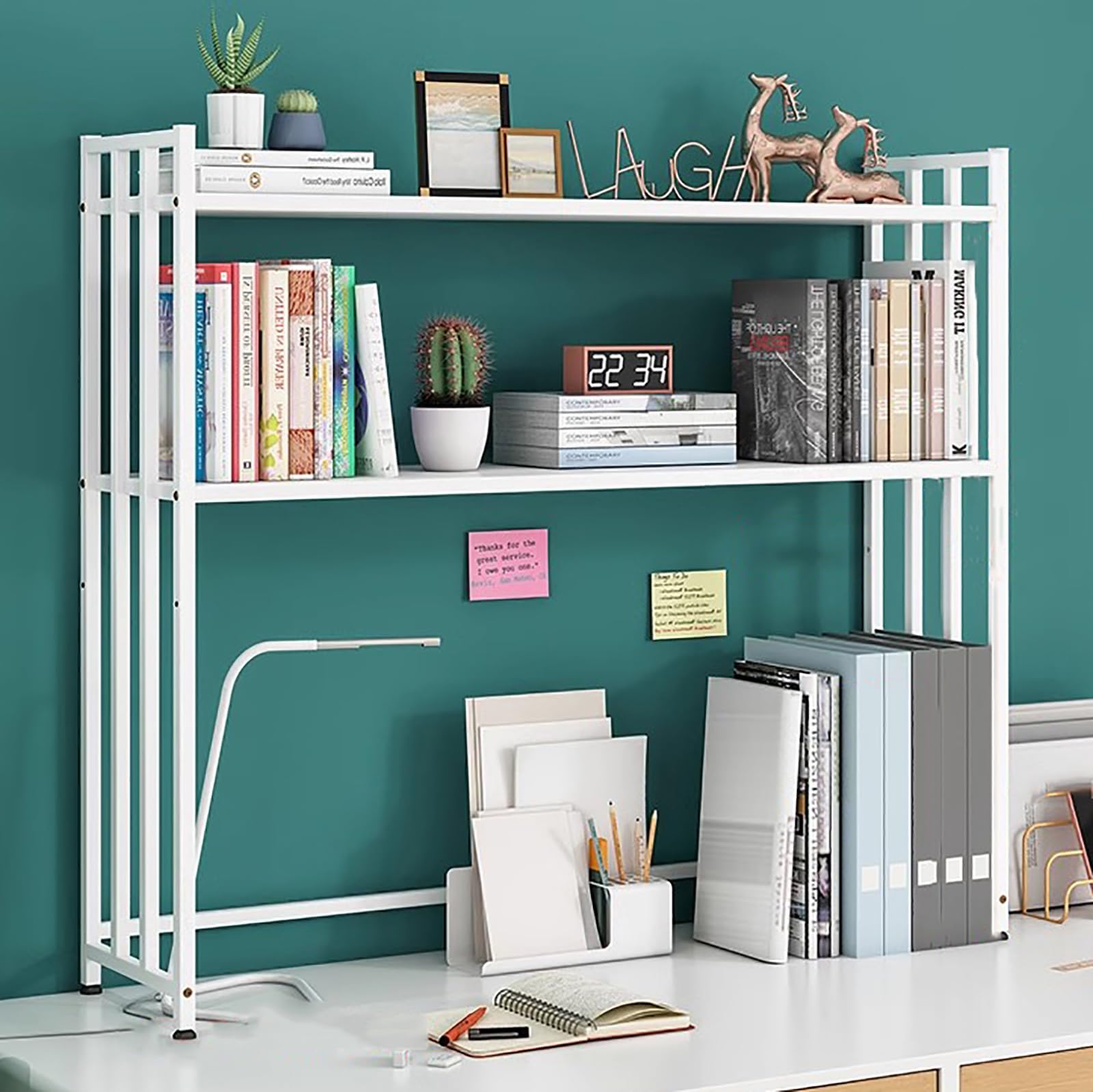 SUZEPER Metal Desk Hutch Dorm,2-Tier Desktop Bookshelf,Computer Desktop Organizer,Adjustable Display Rack for Home Office Dorm Countertop Storage