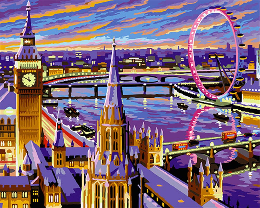 Awesocrafts White Paint By Numbers Kits, London Eye Big Ben Night Scenery Number Painting For Adults 16X20 Inch (London Street, No Frame)