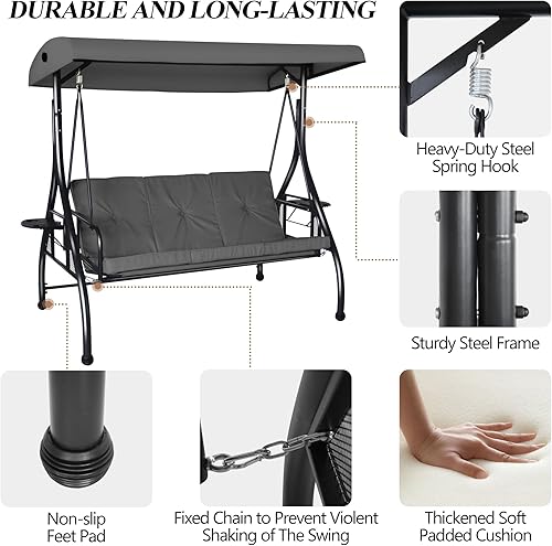 Miniatura 6 de Columpio grande para porche de 3 asientos para exteriores con toldo convertidor, hamaca de patio, silla columpio para porche, patio trasero, junto a