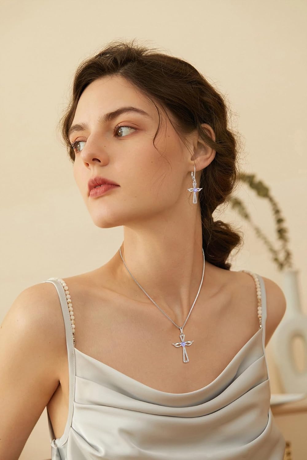 JO WISDOM Guardian Angel Wings Cross Earrings 925 Sterling Silver Cubic Zirconia Heart Birthstone Dangle Earrings Jewelry for Women - Image 3