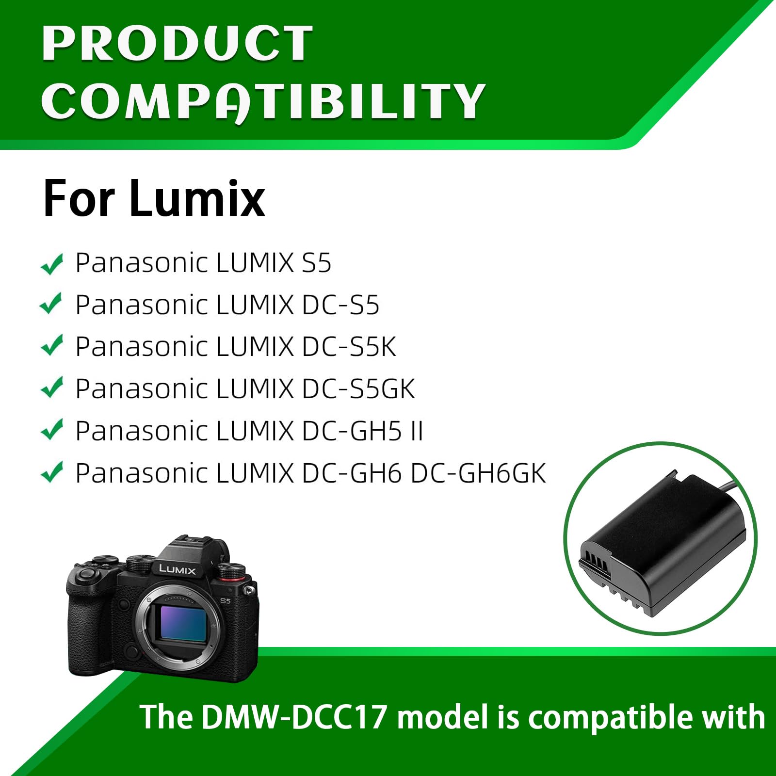 DMW-DCC17 Adattatore AC fotocamera DMW-BLK22 Kit alimentazione batteria fittizia compatibile con le fotocamere Panasonic LUMIX S5 DC-S5 DC-S5K DC-S5GK GH5 II GH6 DC-GH7 Battery Grip DMW-BGS5