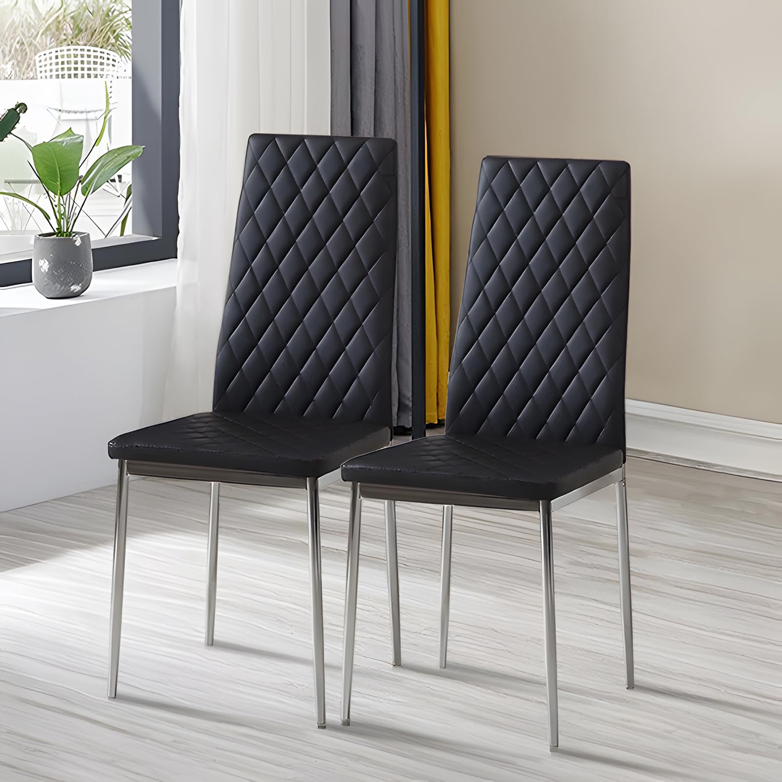 Warmiehomy Dining Chairs Set of 2 Kitchen Faux Leather High Back Black Chairs Set with Metal Leg Padded Seat for Dining Kitchen Room