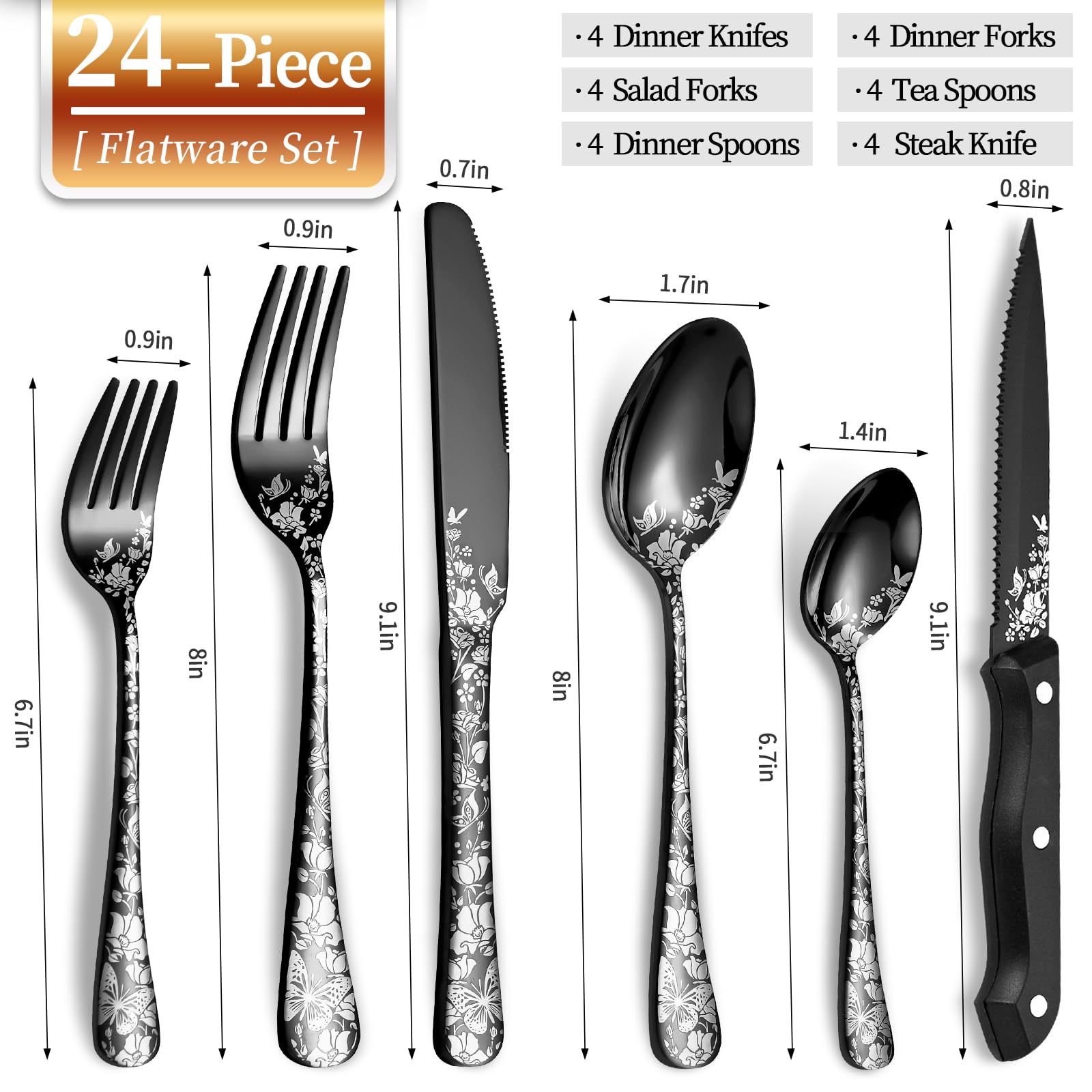 24-Piece Black Silverware Set with Steak Knife, Stainless Steel Flatware Cutlery Set Service for 4, Mirror Polished Tableware Eating Utensils Set for Home Kitchen, Dishwasher Safe