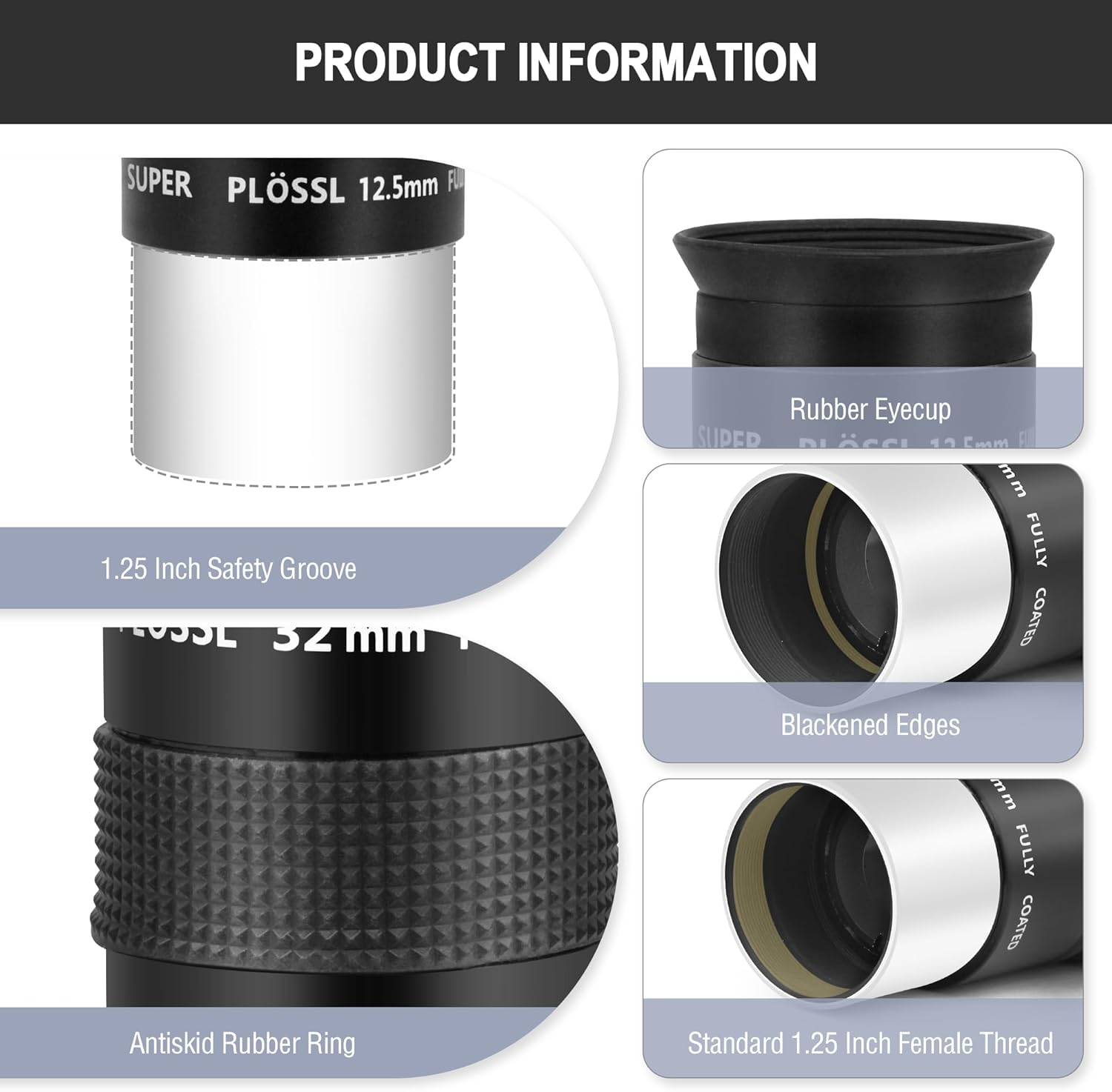Astromania Telescope Eyepiece Set 1.25 Inch Super Plossl Eyepiece Set 7.5mm 12.5mm 32mm, 5 Element Fully Multi Coated Metal 52 Degree Apparent Field, Telescope Accessory Set for Astronomy Telescope