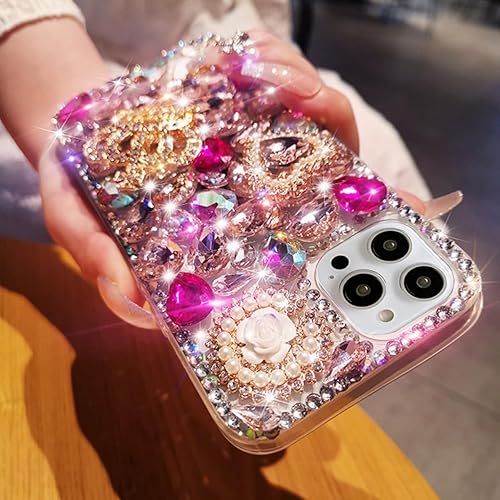 Miniatura 4 de Funda con purpurina para iPhone 15 Pro Max, bonita corona 3D con diamantes de imitación de diamantes de imitación de diamantes brillantes de perlas