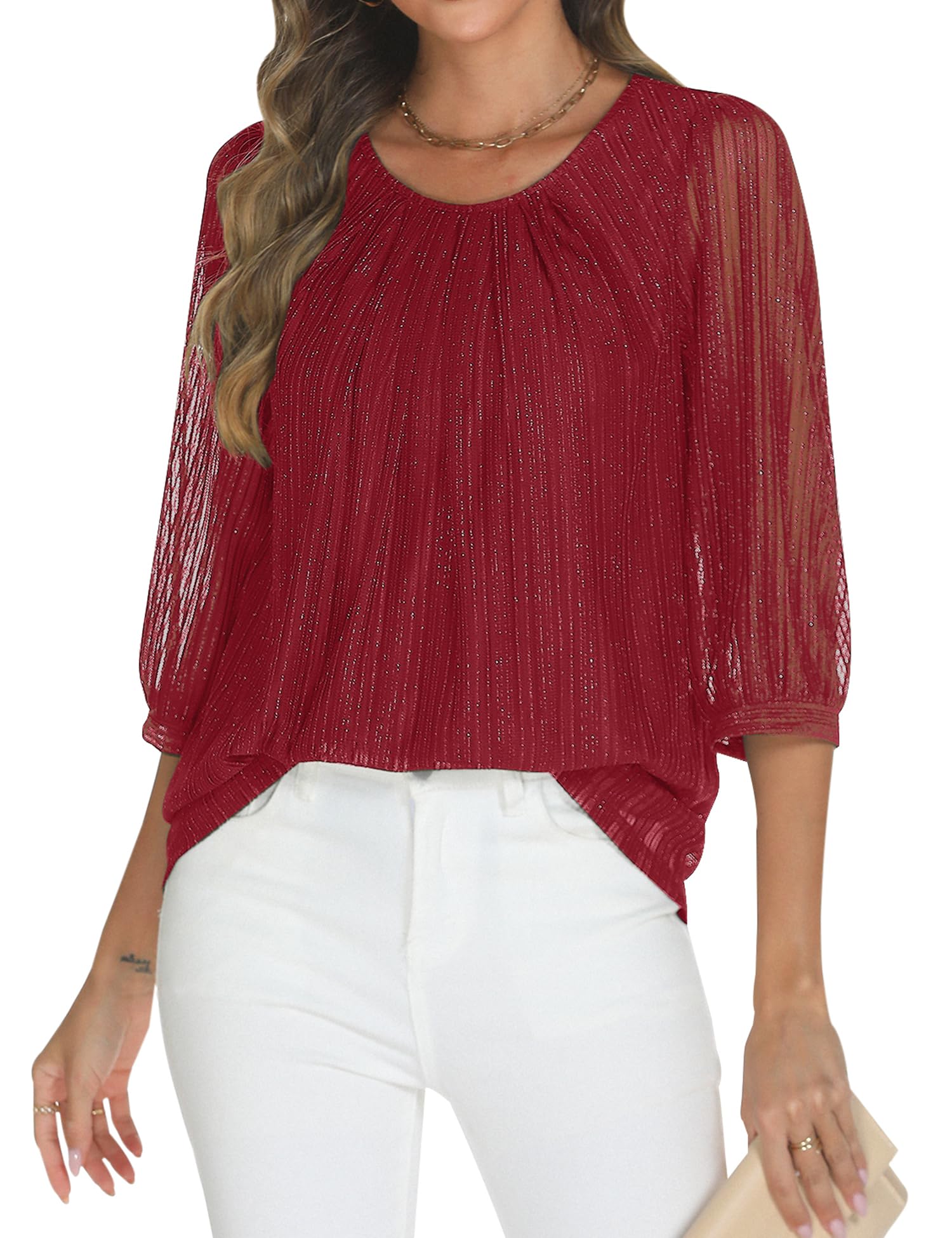 Relipop Womens 3/4 Sleeve Sparkle Top Casual Loose Fit Mesh Pleated Double Layered Tunic Tops