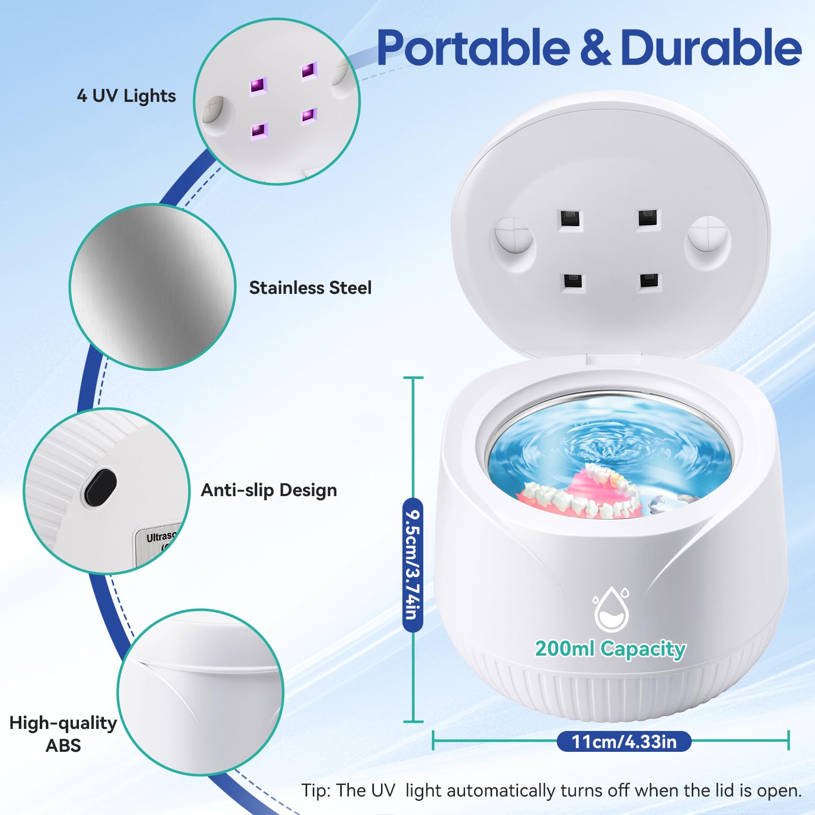 Coikes Limpiador Ultrasónico UV 45 kHz Limpiador Ultrasonidos Dental para Dentaduras Postizas, Alineador, Retenedor Joyería De La Máquina De Limpieza Para Joyas Todos los Aparatos Dentales (A-Blanco)