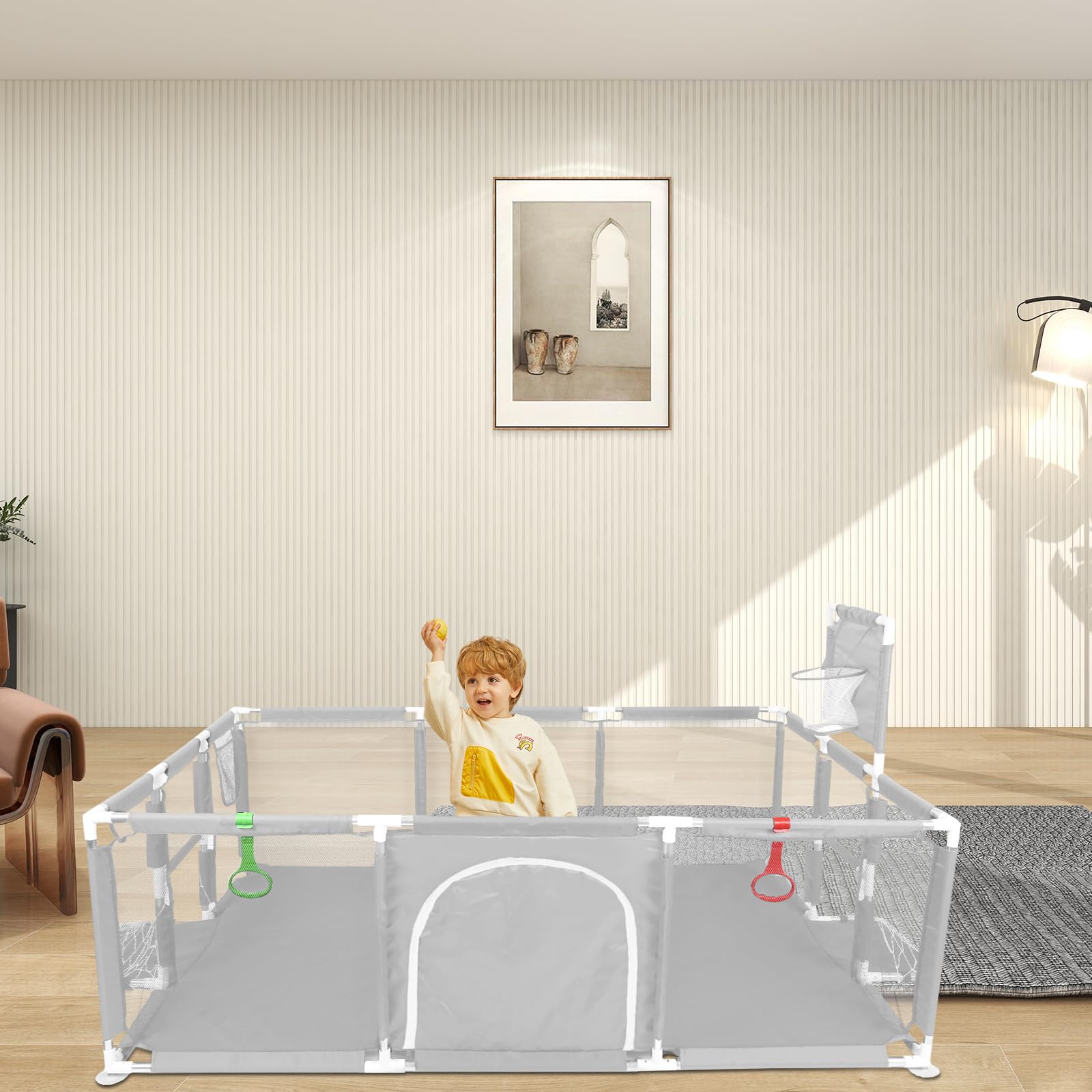 Box per bambini, in tessuto Oxford, recinzione per bambini, 50 palline, 4 anelli, 180 x 120 x 66 cm, grigio chiaro