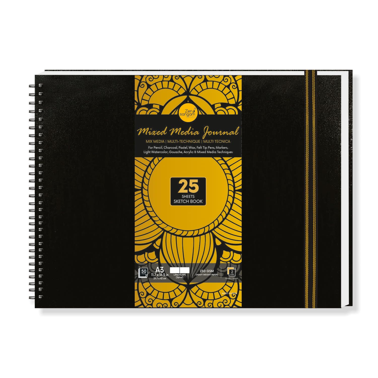 Zen Sangam - A3 Landscape Artists’- 230 GSM (50 Pages), Spiral Mixed Media Art Journal - Ultra Smooth Surface - Acid Free Cartridge Paper - Size(42x29.7cm)-for Pencils,Chalk,Oil Pastels,Crayons-Black