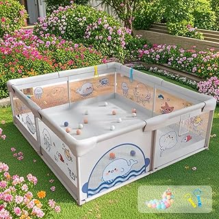 ZingUp Baby Playpen (0-5 Years) – 150x180cm Large Playard with Ocean Balls, 2 Anti-Fall Grasp Rings and Safety Lock (Non-F...