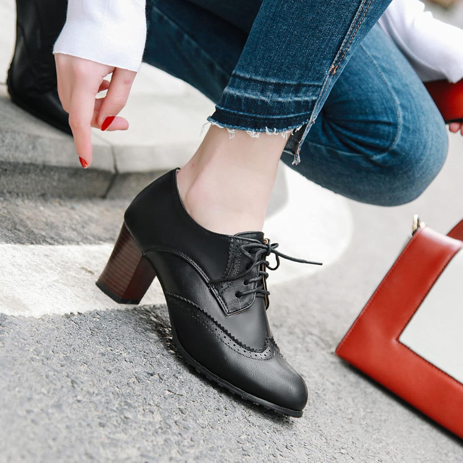 SHEMEE Women's Chunky High Heels Wingtip Oxfords Round Toe Lace Up Stacked Block Heel Vintage Brogues Pumps Shoes - Image 5