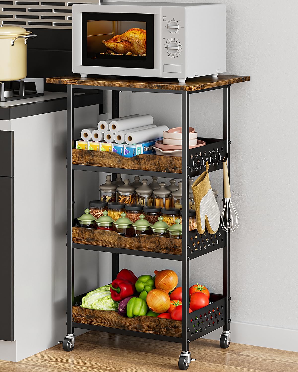 Giwil 4-Tier Rolling Storage Cart, Small Coffee Bar Crafts Makeup Cart with Wooden Top Snack Organizer for Pantry, Utility Kitchen Cart On Wheels for Onions Potatoes, Black