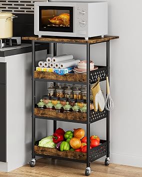Giwil 4-Tier Rolling Kitchen Cart, Microwave Stand with Wooden Top Coffee Station Table Snack Rack Organizer, Utility Cart on Wheels for Onions Potatoes, Black