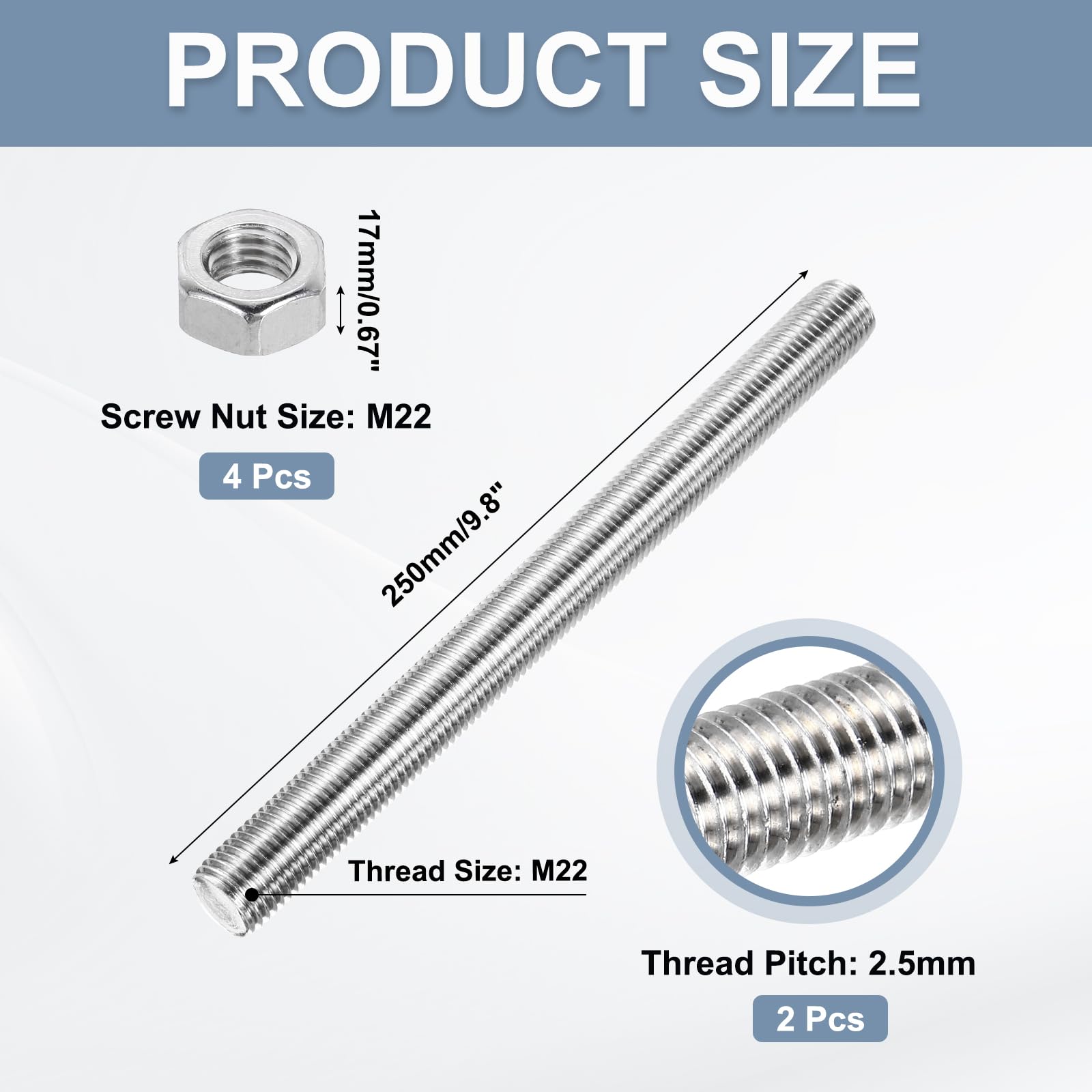 QUARKZMAN 2 Pcs Tige Filetée M22 x 250mm 2.5mm Pas de Filetage en Acier Inoxydable 304 Filetées Entièrement à Droite, Goujons de Barre Long Vis à Filetage avec Écrous pour Bricolage