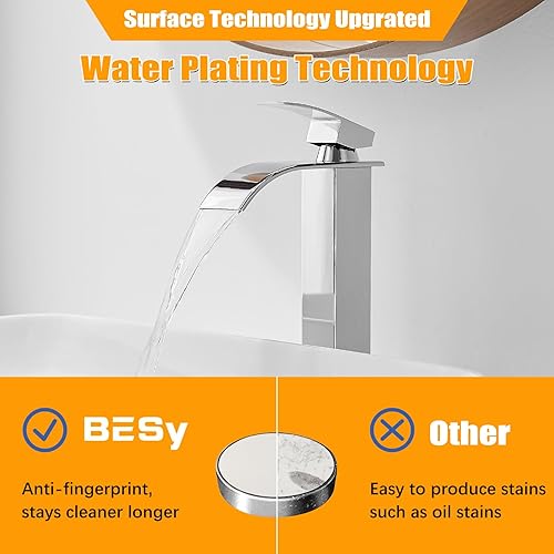 Miniatura 4 de BESy Grifo de baño con boquilla de cascada de cromo pulido, grifo alto de lavabo de baño de una sola manija, grifo mezclador de lavabo de lavabo,