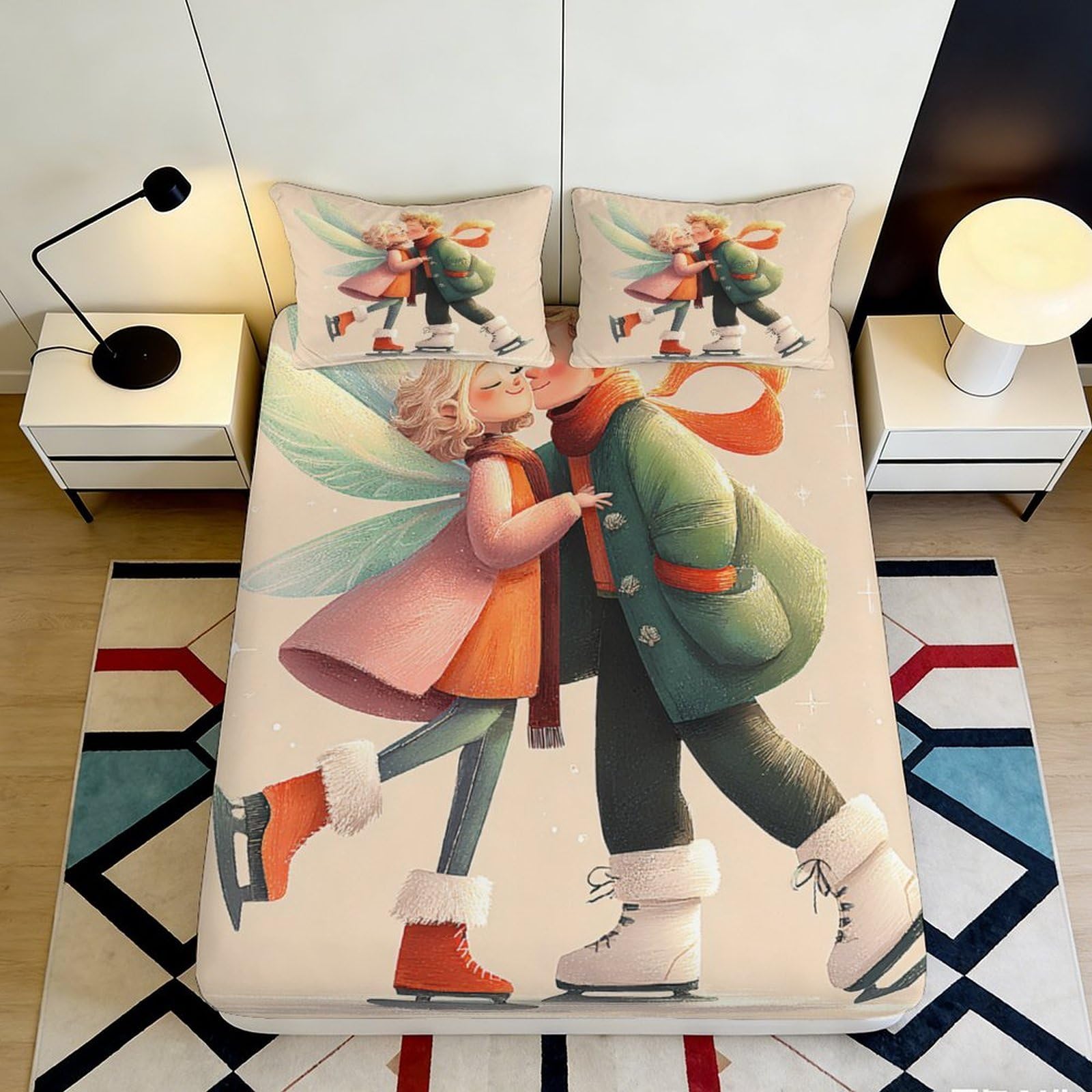 3D Printed Fairy Lovers Fitted Sheet Microfiber Ice Skating Couple Mattress Cover Bedroom Dorm Protector 140x200x25cm