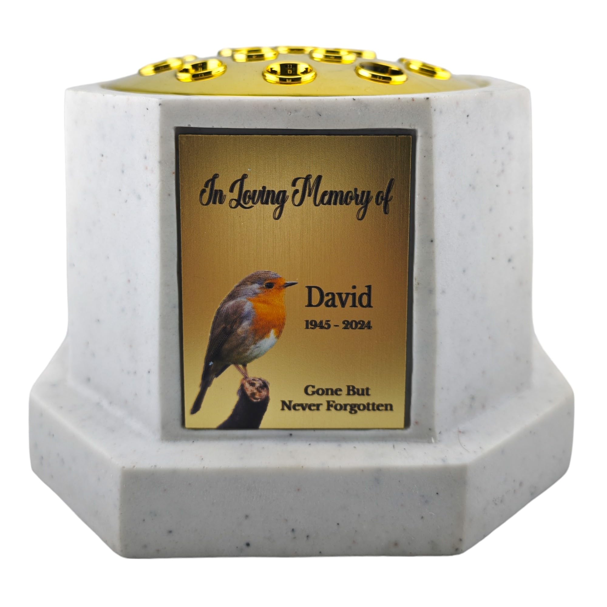 1stclassgifts Personalised Printed White or Black Memorial Rose Bowl Grave Marker Flower Pot Vase Robin Design (UV PRINTED) (White, Gold Lid/Gold Plate)
