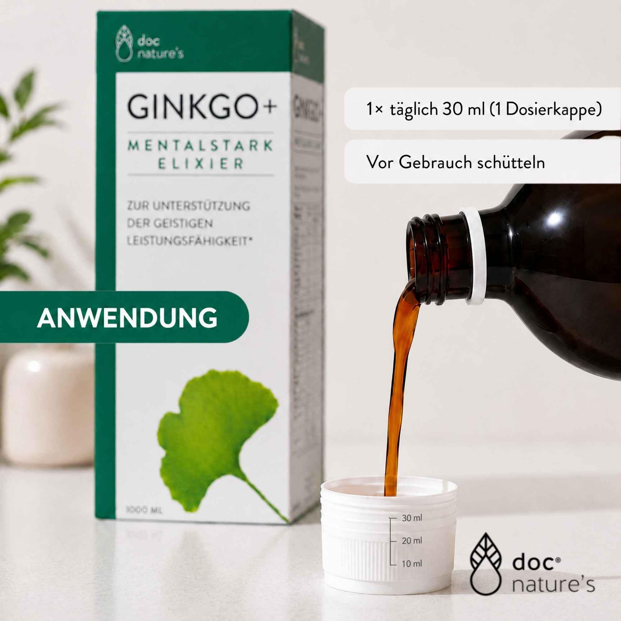 doc nature’s GINKGO+ Mentalstark Elixier, 1000 ml Vitamin B Komplex, unterstützt geistige Leistungsfähigkeit, mit Ginkgo Biloba & Ginseng-Extrakt, Vitamin B12, Pantothensäure & Eisen