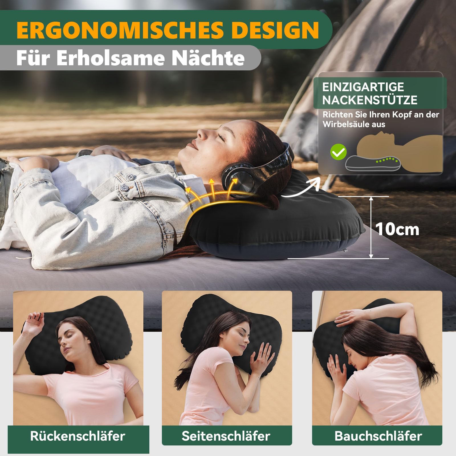 HIKENTURE Nadmuchiwana poduszka, poduszka kempingowa, ergonomiczna poduszka pod kark z pianki, poduszka pod głowę, poduszka kempingowa, poduszka podróżna, do użytku na zewnątrz, na plażę, do namiotu