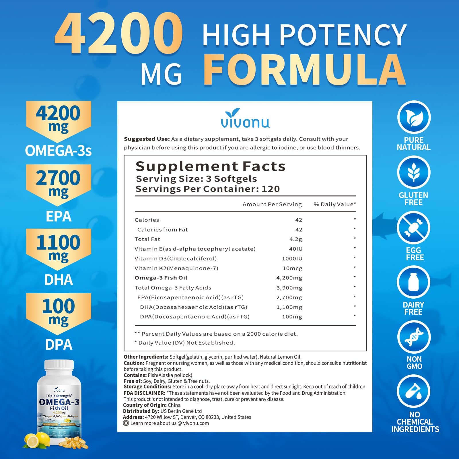 VivoNu Omega 3-360 unités - 4200 mg d’huile de poisson, 3900 mg oméga 3, 2700 mg EPA, 1100 mg DHA et 100 mg DPA par portion - issu d’une pêche durable - sans OGM