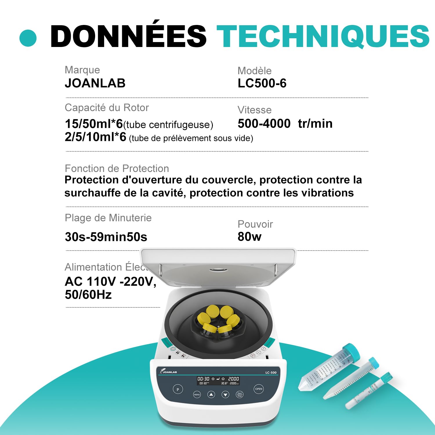 JOANLAB LC500-6 Centrifugeuse de Laboratoire, 500-4000RPM, 2146xg | 9 programmes, écran digital, tubes 2/5/10/15/50ml, arrêt déséquilibre, verrou couvercle, séparation plasma PRP