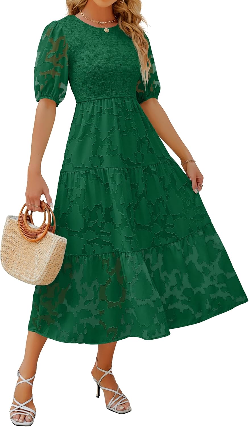 ZESICA Women's 2026 Summer Short Puff Sleeve Crewneck Smocked Floral Lace Flowy A Line Tiered Maxi Dresses