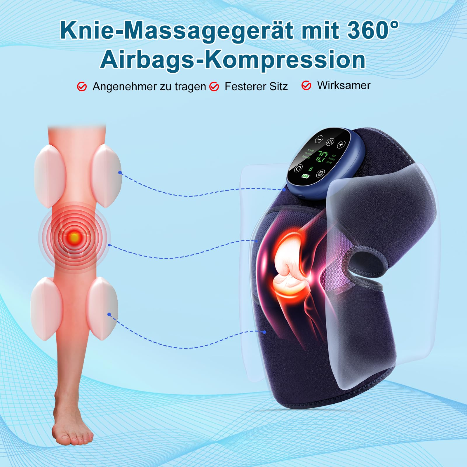 Kabelloses Knie Massagegerät mit Wärme & Luftdruck, Elektrischer Kniemassageier mit 6 Heizstufen 9 Modi zur Linderung von Knieschmerzen, Arthrose Sportverletzungen, für Knie Ellenbogen