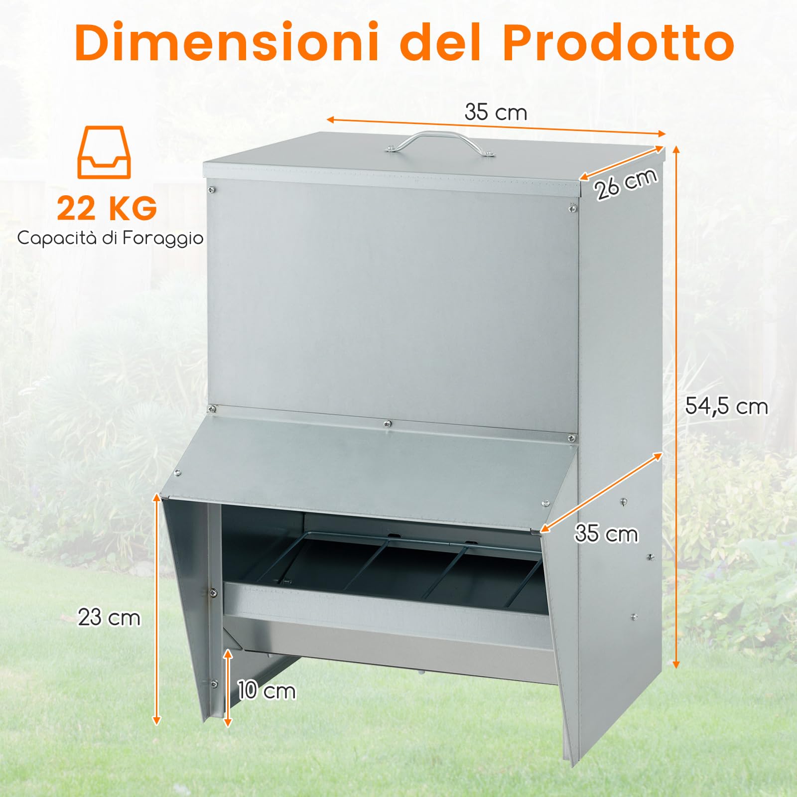 COSTWAY Mangiatore per Galline da 22kg in Acciaio Zincato, Mangiatoia Automatica a Muro con Coperchio, Forniture Agricole per Polli, Anatre, Tacchini e Oche, 35 x 35 x 55 cm